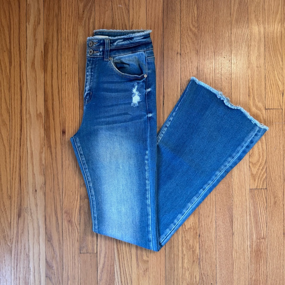 KanCan Women's Flare Jeans in Distressed Blue